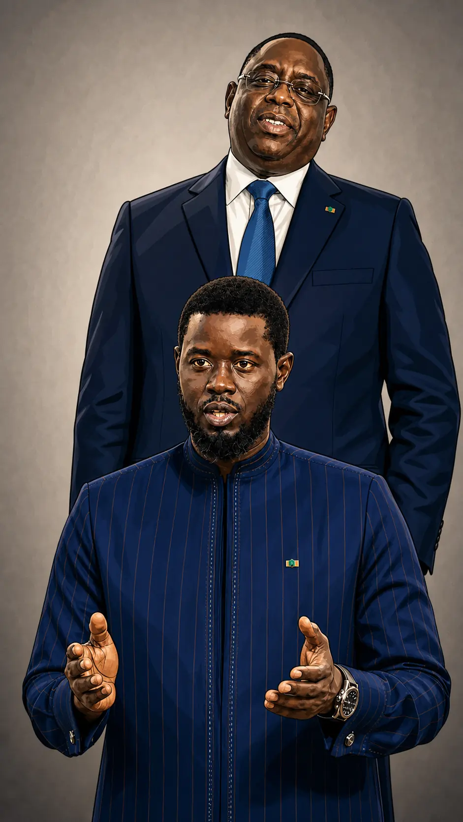 Photo-illustration : Bassirou Diomaye Faye au premier plan, Macky Sall debout derrière lui